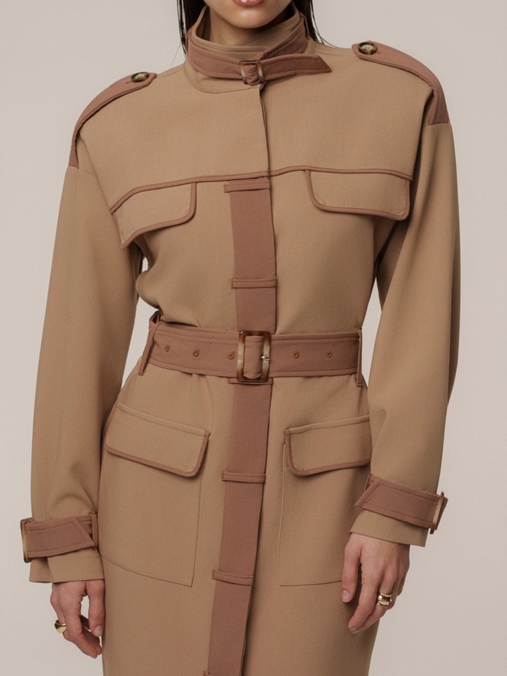 JLUXLABEL Beige Tan Icon Belted Midi Dress Belted Midi Trench Coat Military S - Picture 5 of 9